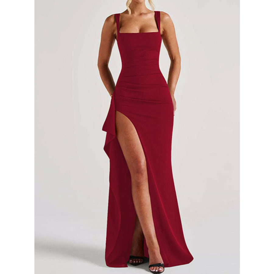 Slit Square Neck Maxi Dress Red / XS Apparel and Accessories