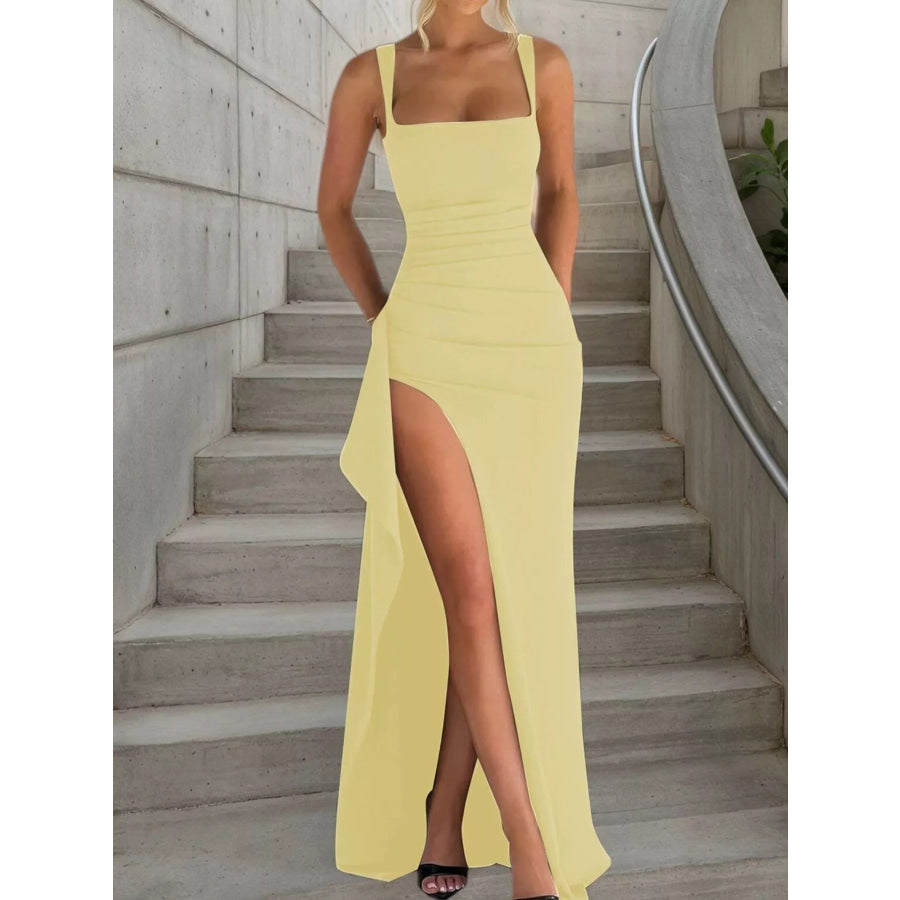 Slit Square Neck Maxi Dress Yellow / XS Apparel and Accessories