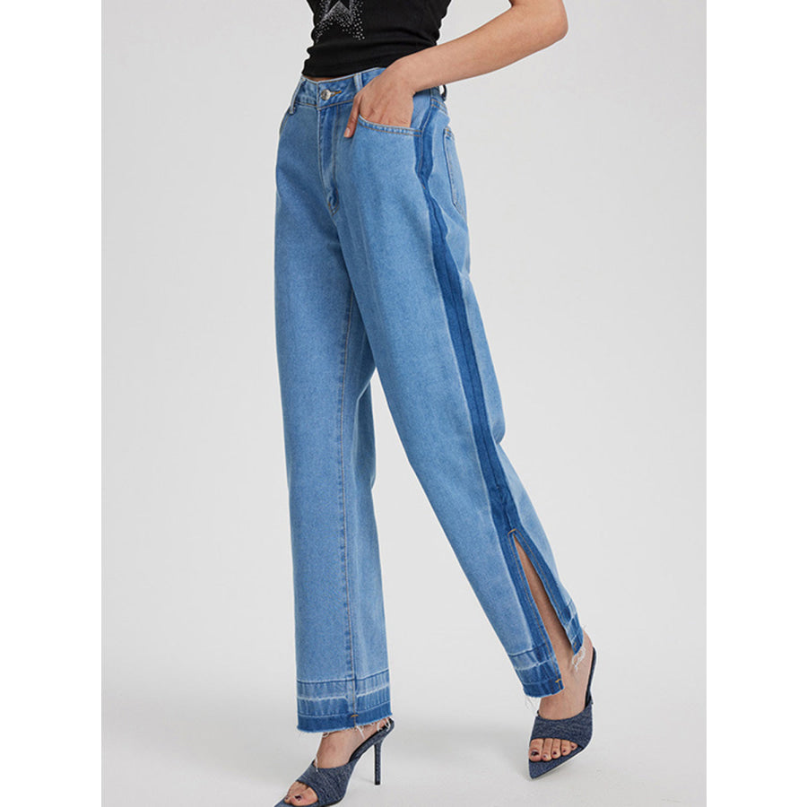 Slit Straight Leg Jeans with Pockets Apparel and Accessories