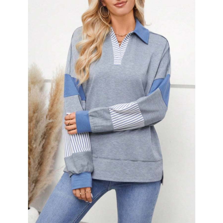 Slit Striped Johnny Collar Long Sleeve Top Apparel and Accessories