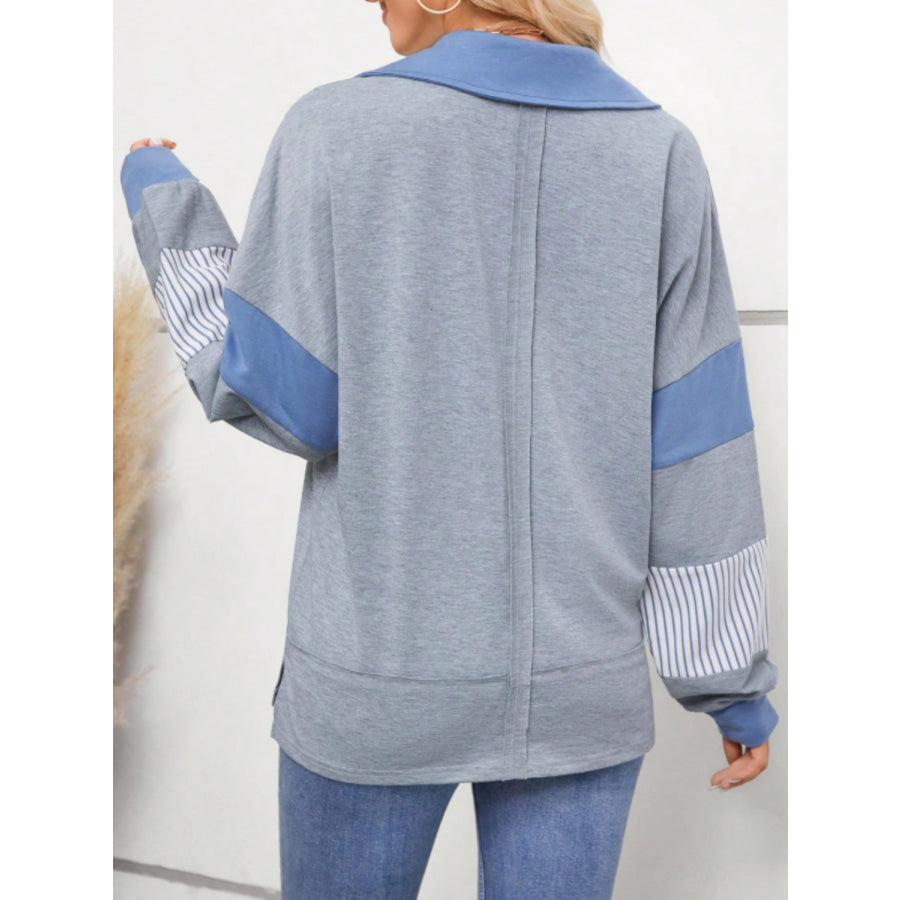 Slit Striped Johnny Collar Long Sleeve Top Gray / S Apparel and Accessories