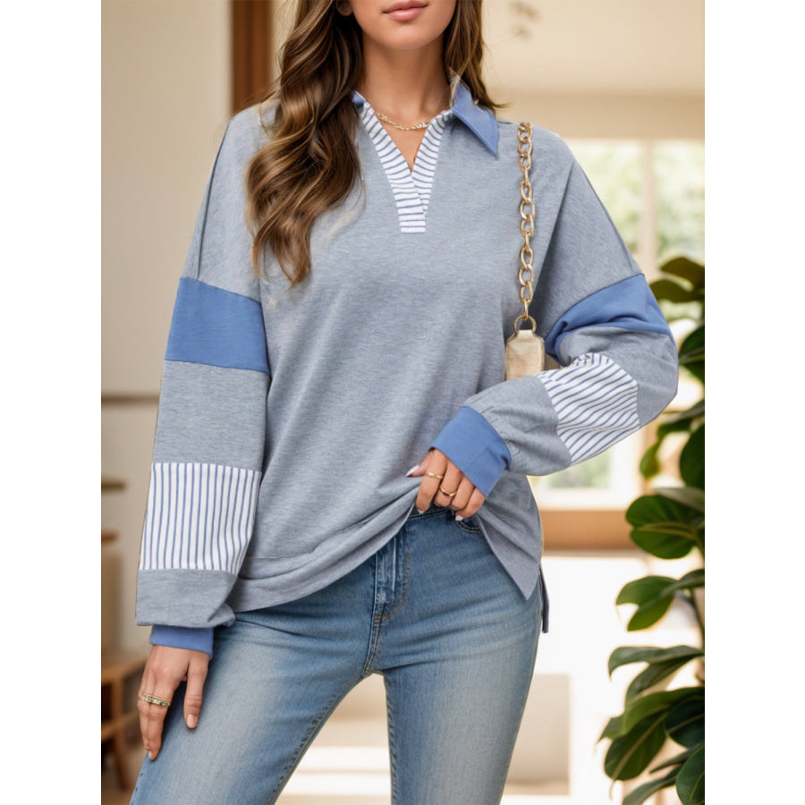 Slit Striped Johnny Collar Long Sleeve Top Gray / S Apparel and Accessories