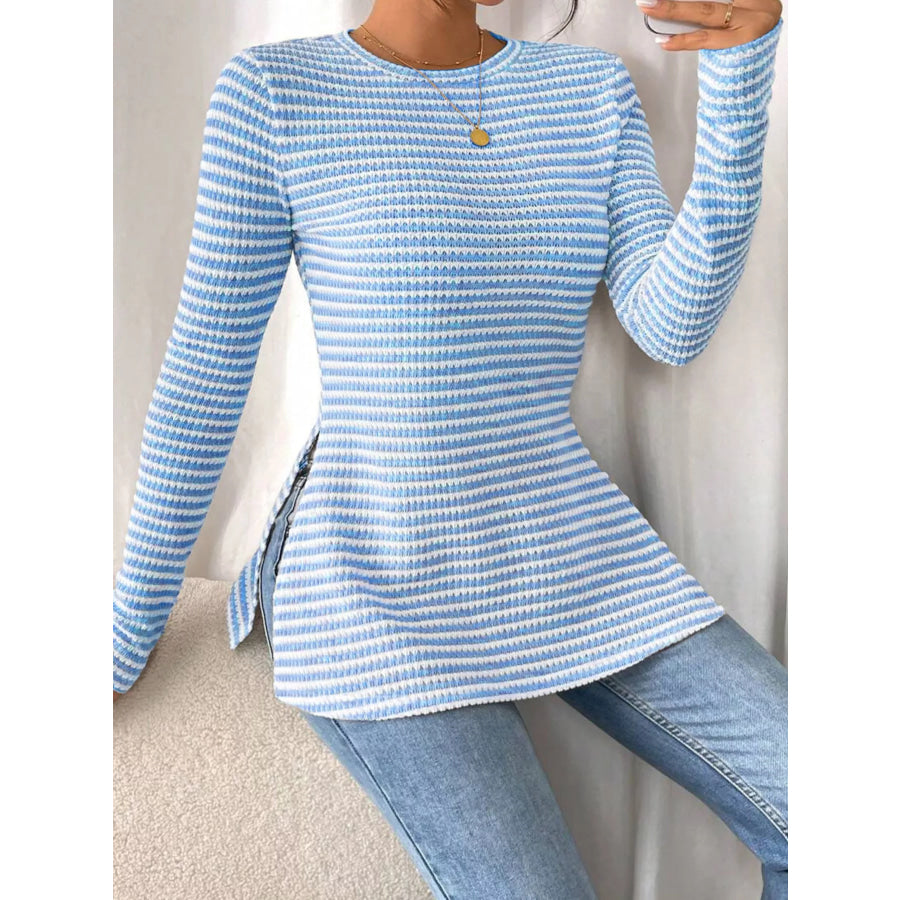Slit Striped Long Sleeve Casual T-Shirt Apparel and Accessories