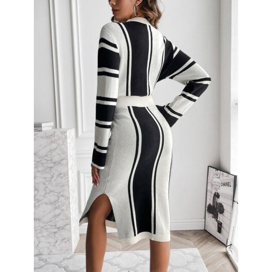 Slit Striped Mock Neck Sweater Dress White / S Apparel and Accessories