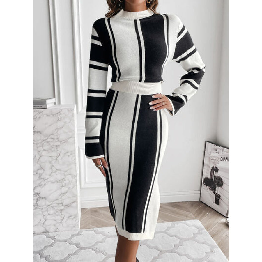 Slit Striped Mock Neck Sweater Dress White / S Apparel and Accessories