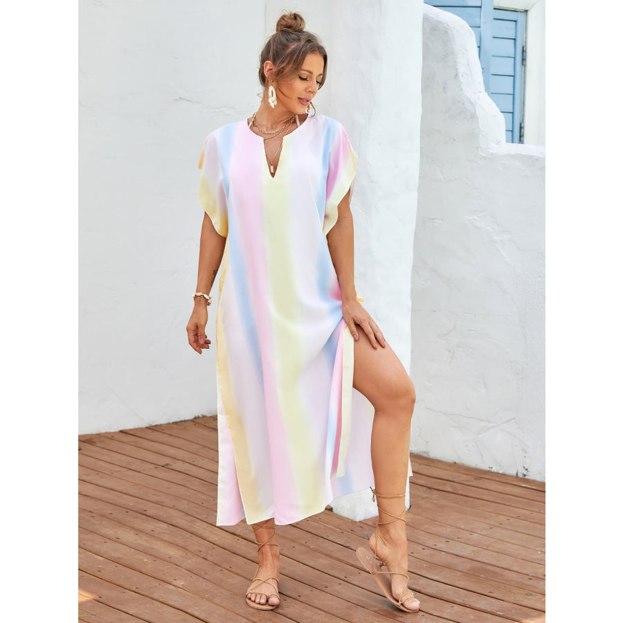 Slit Striped Notched Short Sleeve Cover Up Multicolor / One Size Apparel and Accessories
