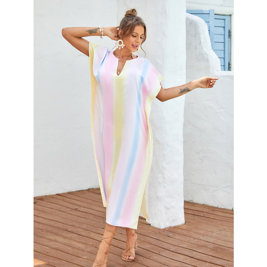 Slit Striped Notched Short Sleeve Cover Up Multicolor / One Size Apparel and Accessories