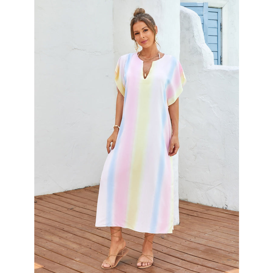 Slit Striped Notched Short Sleeve Cover Up Multicolor / One Size Apparel and Accessories
