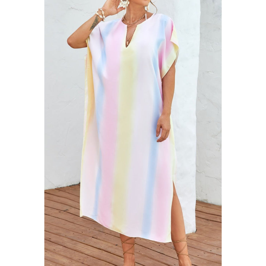 Slit Striped Notched Short Sleeve Cover Up Multicolor / One Size Apparel and Accessories