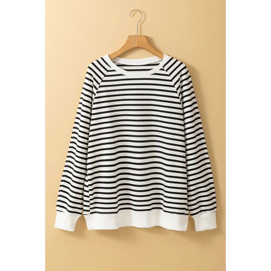 Slit Striped Round Neck Long Sleeve Sweatshirt Apparel and Accessories