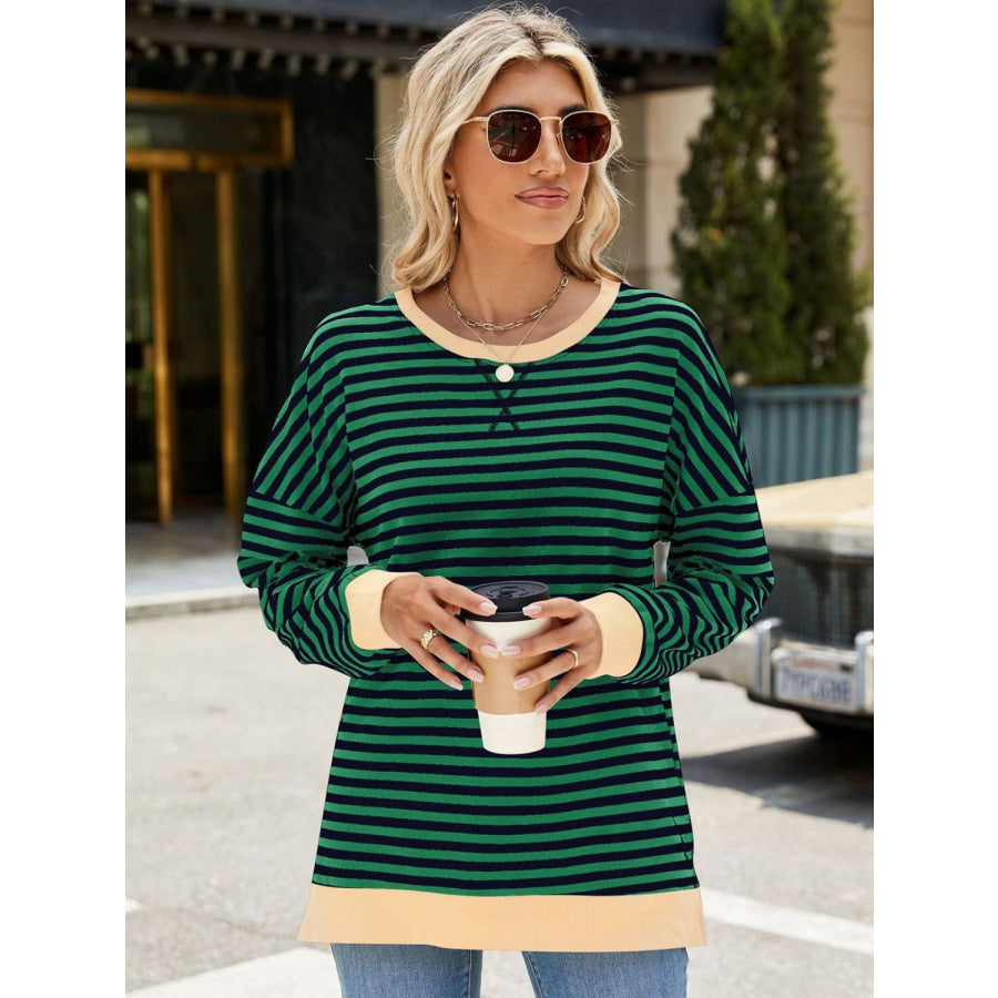 Slit Striped Round Neck Long Sleeve Sweatshirt Apparel and Accessories