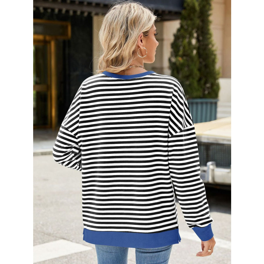 Slit Striped Round Neck Long Sleeve Sweatshirt Apparel and Accessories