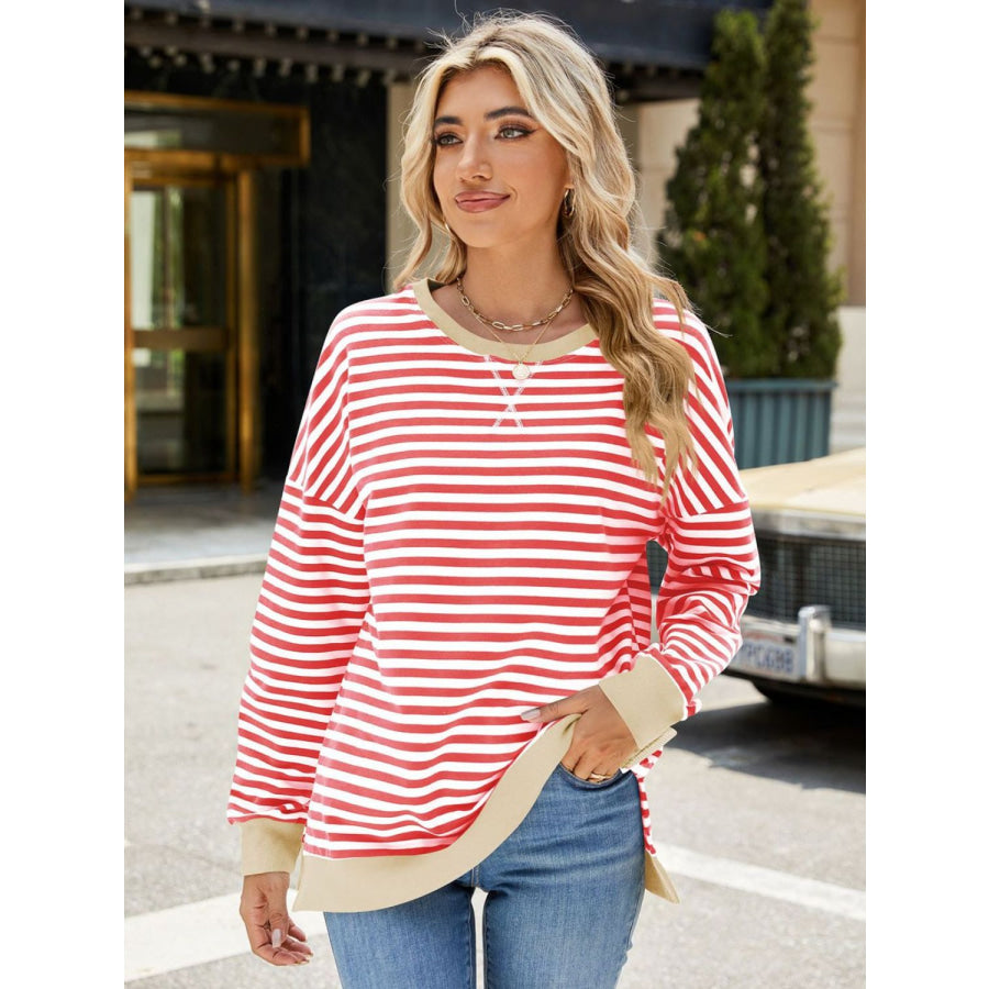 Slit Striped Round Neck Long Sleeve Sweatshirt Apparel and Accessories