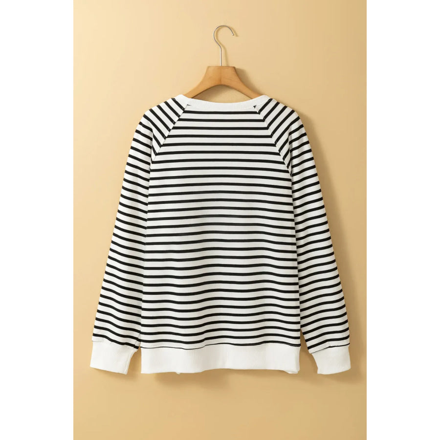 Slit Striped Round Neck Long Sleeve Sweatshirt Apparel and Accessories