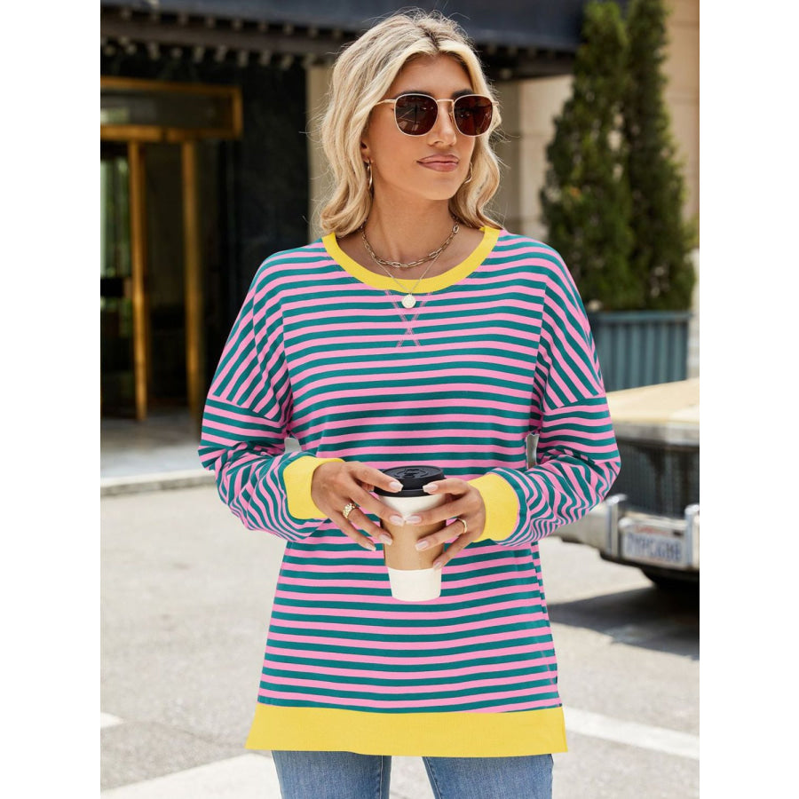 Slit Striped Round Neck Long Sleeve Sweatshirt Apparel and Accessories