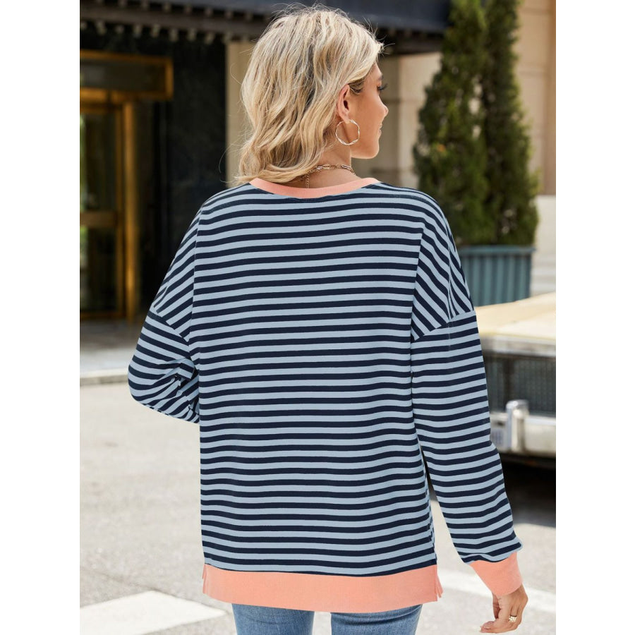 Slit Striped Round Neck Long Sleeve Sweatshirt Apparel and Accessories