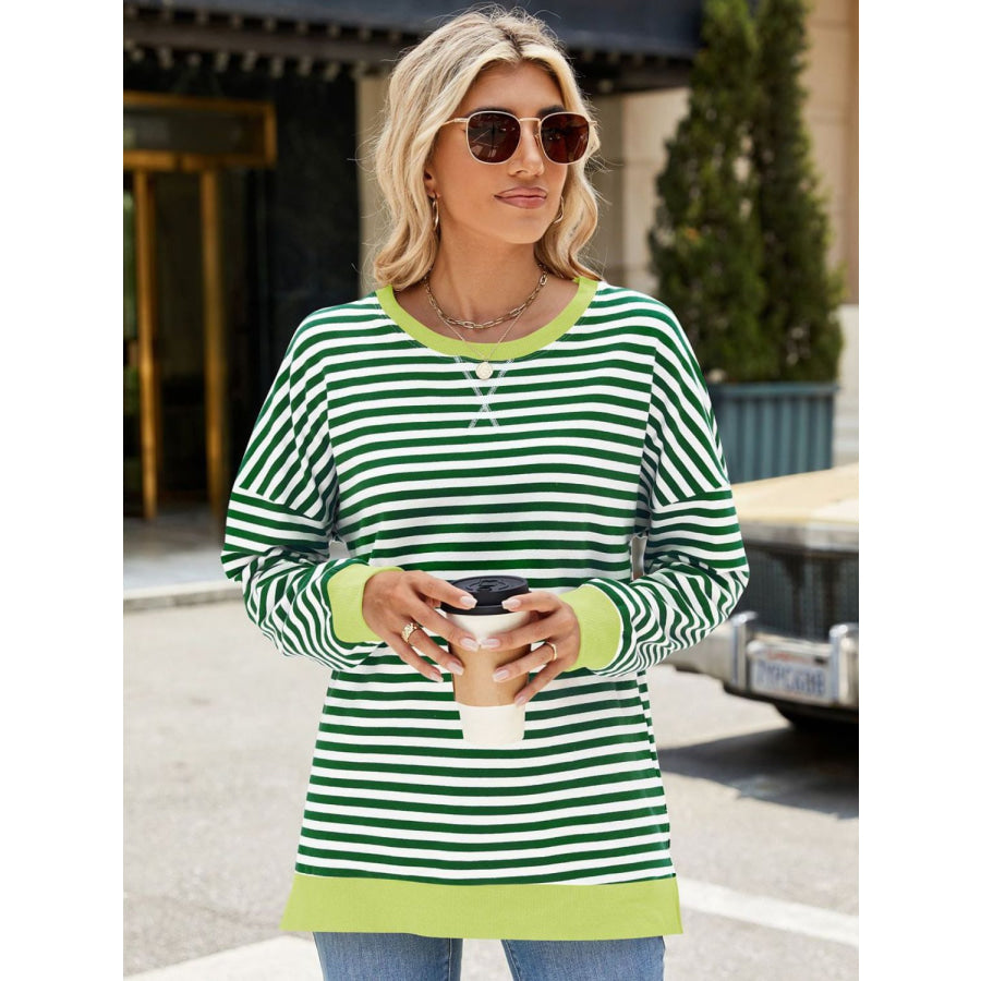 Slit Striped Round Neck Long Sleeve Sweatshirt Apparel and Accessories