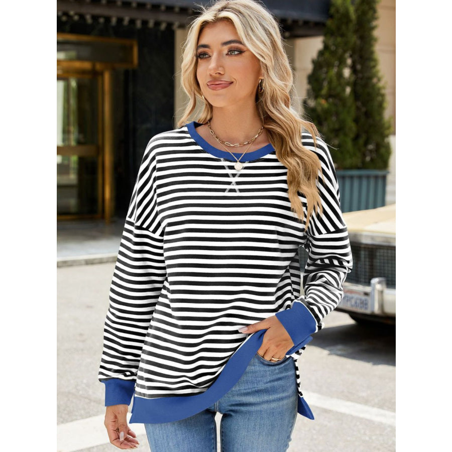 Slit Striped Round Neck Long Sleeve Sweatshirt Apparel and Accessories