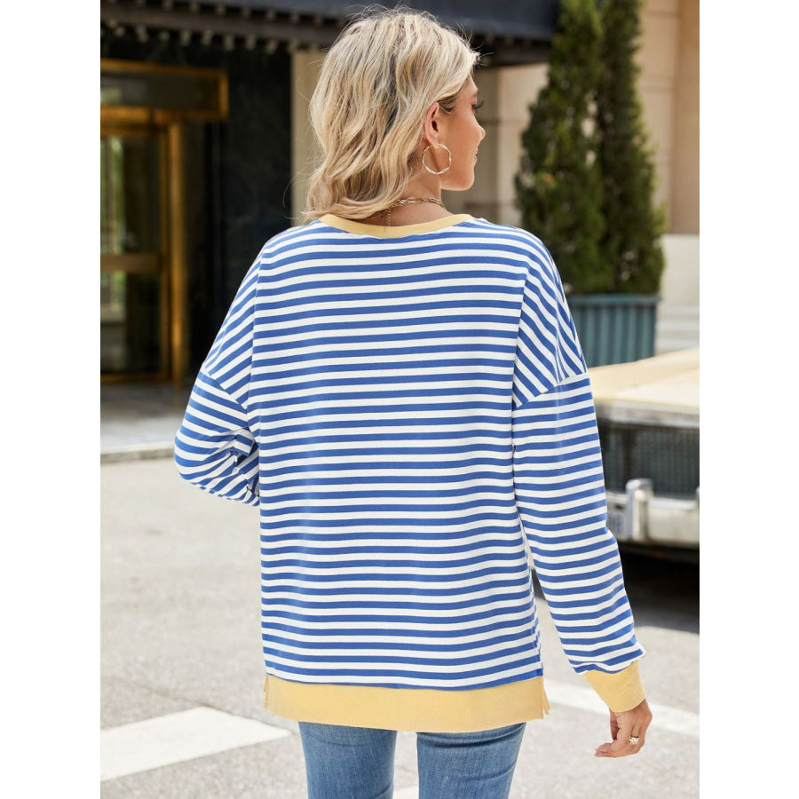 Slit Striped Round Neck Long Sleeve Sweatshirt Apparel and Accessories