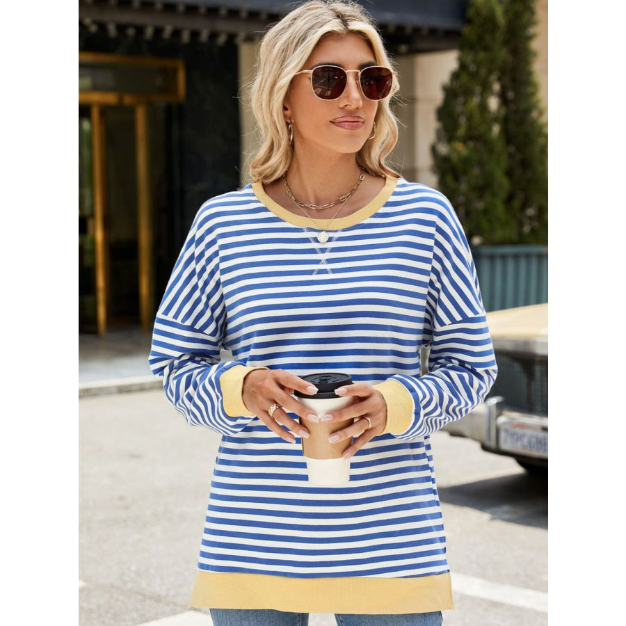 Slit Striped Round Neck Long Sleeve Sweatshirt Apparel and Accessories