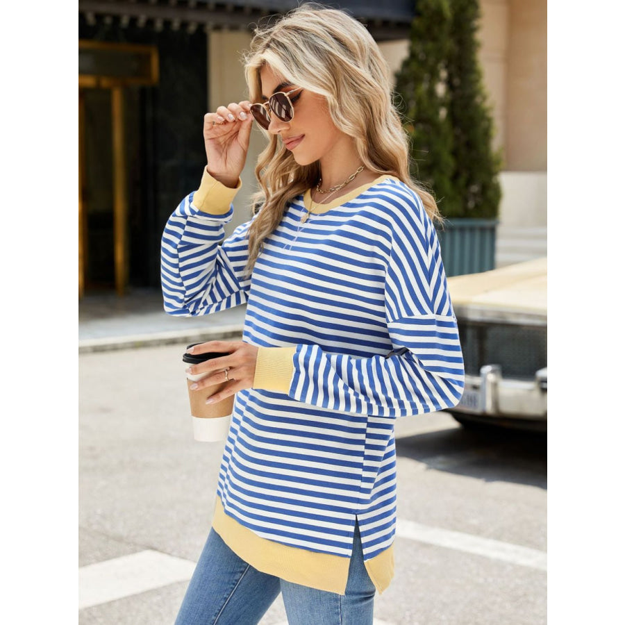 Slit Striped Round Neck Long Sleeve Sweatshirt Apparel and Accessories