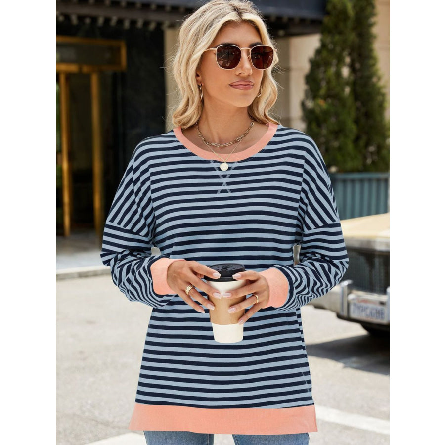 Slit Striped Round Neck Long Sleeve Sweatshirt Apparel and Accessories