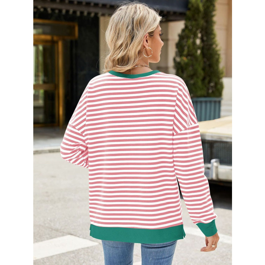 Slit Striped Round Neck Long Sleeve Sweatshirt Apparel and Accessories