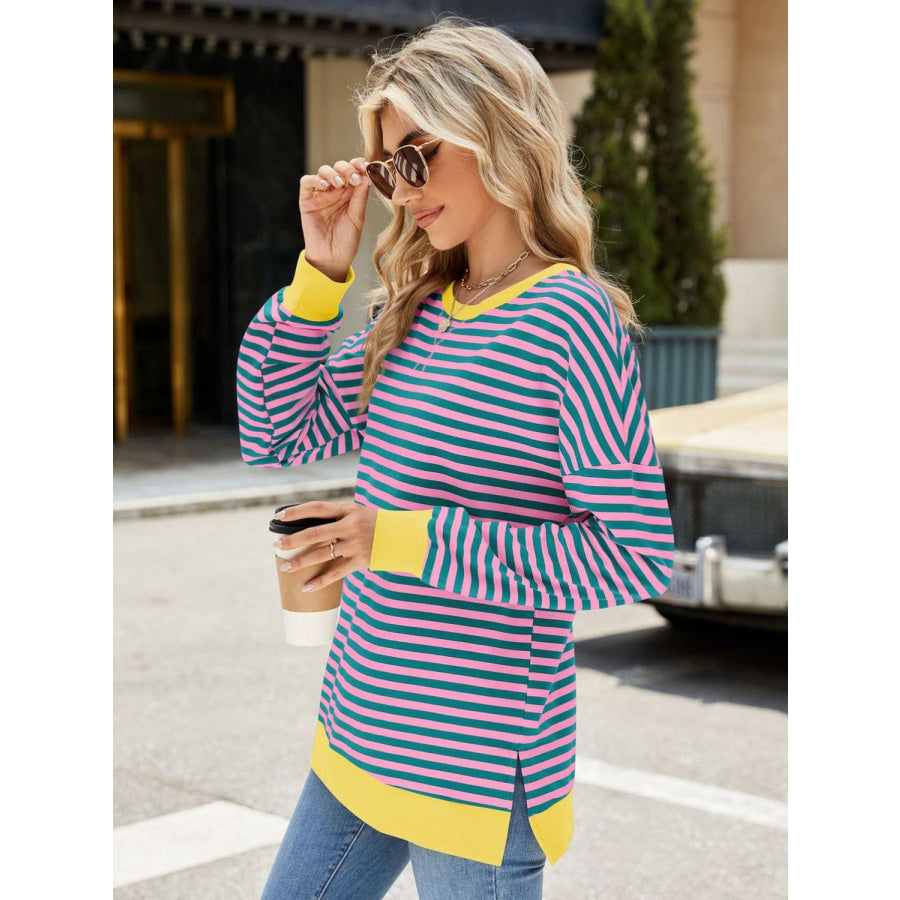 Slit Striped Round Neck Long Sleeve Sweatshirt Apparel and Accessories