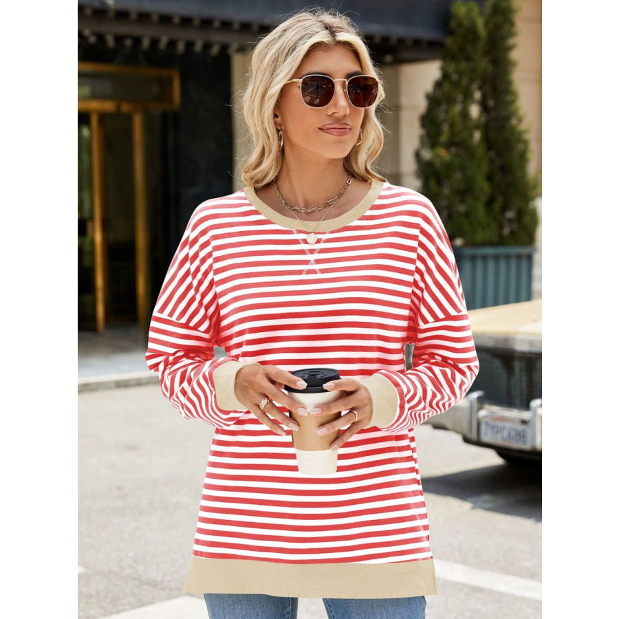 Slit Striped Round Neck Long Sleeve Sweatshirt Apparel and Accessories