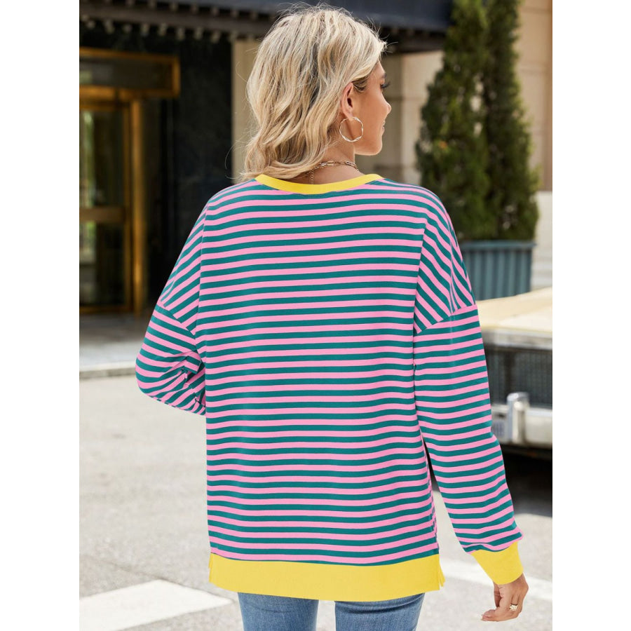 Slit Striped Round Neck Long Sleeve Sweatshirt Apparel and Accessories