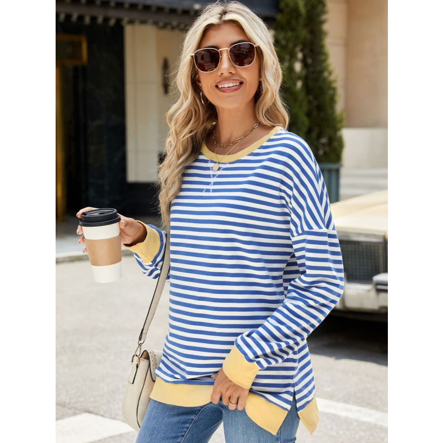 Slit Striped Round Neck Long Sleeve Sweatshirt Light Blue / S Apparel and Accessories