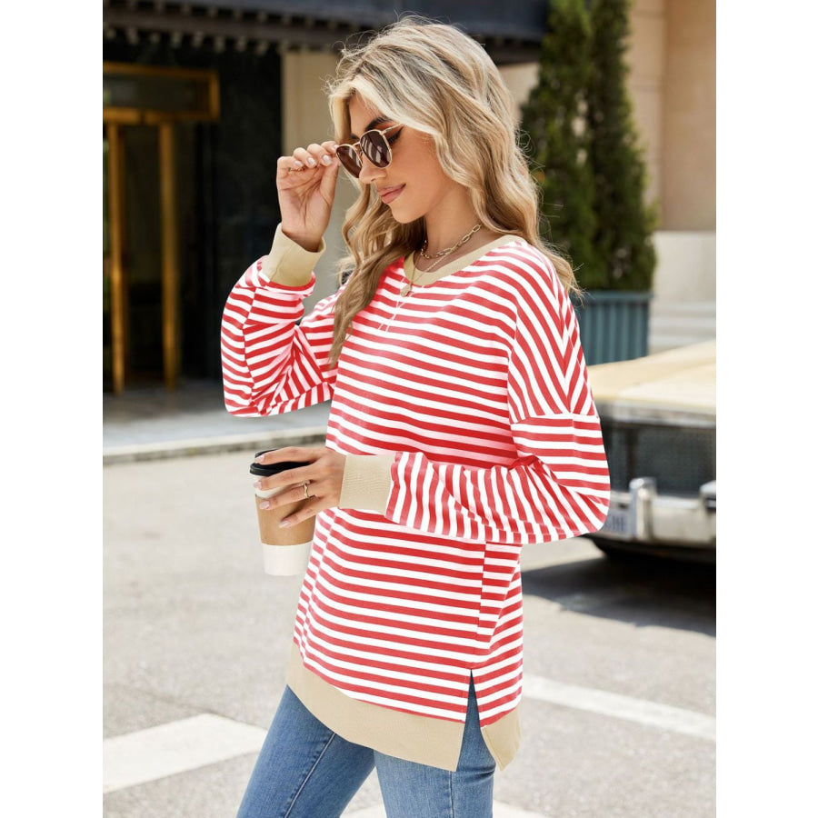 Slit Striped Round Neck Long Sleeve Sweatshirt Scarlet / S Apparel and Accessories