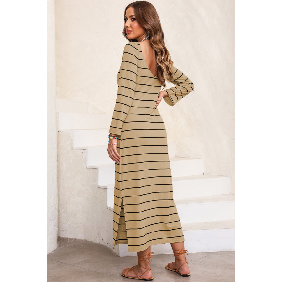 Slit Striped Round Neck Midi Dress Tan / S Apparel and Accessories