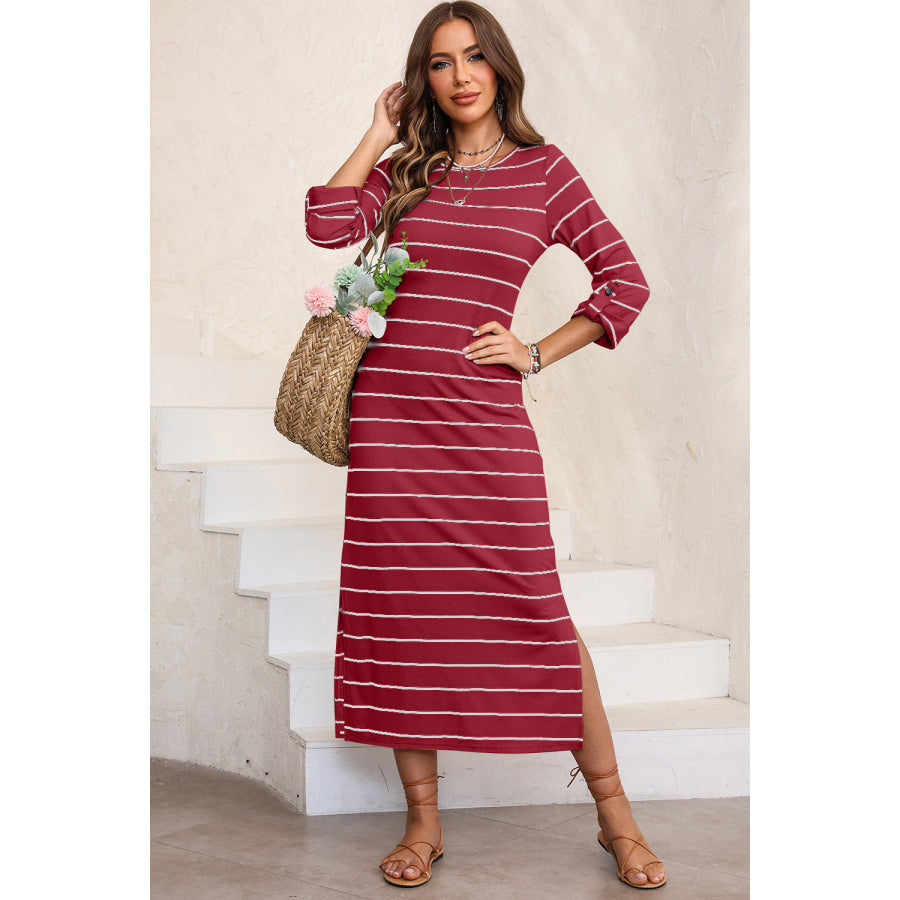 Slit Striped Round Neck Midi Dress Deep Red / S Apparel and Accessories