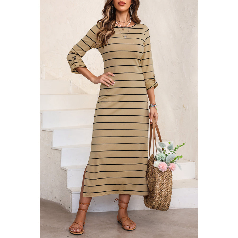Slit Striped Round Neck Midi Dress Tan / S Apparel and Accessories
