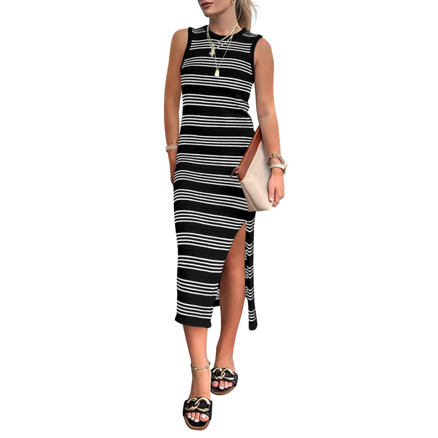 Slit Striped Round Neck Sleeveless Midi Dress Apparel and Accessories