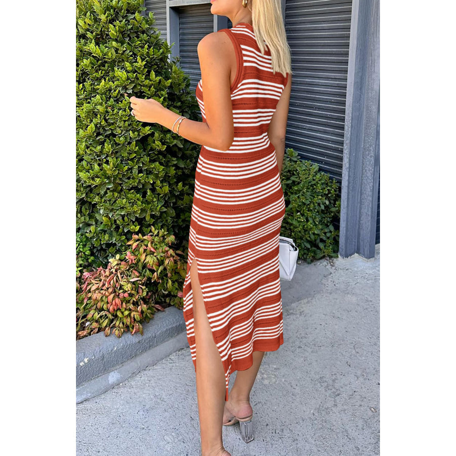 Slit Striped Round Neck Sleeveless Midi Dress Apparel and Accessories