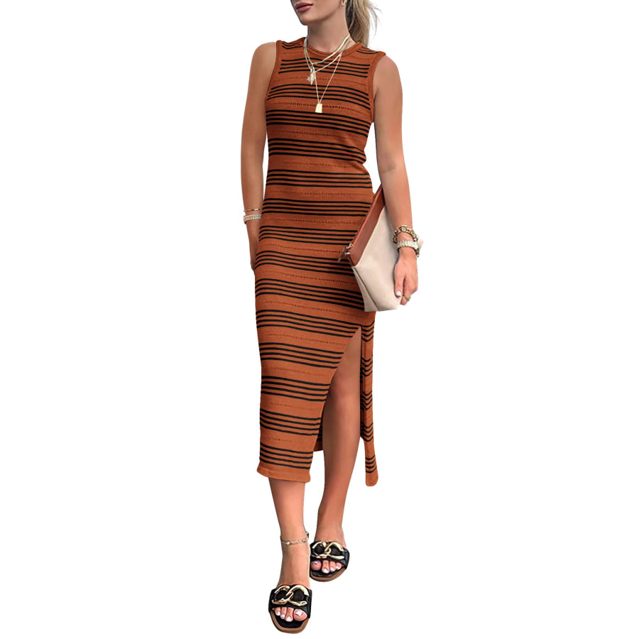 Slit Striped Round Neck Sleeveless Midi Dress Apparel and Accessories