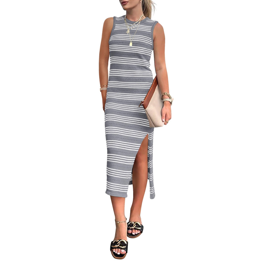 Slit Striped Round Neck Sleeveless Midi Dress Apparel and Accessories