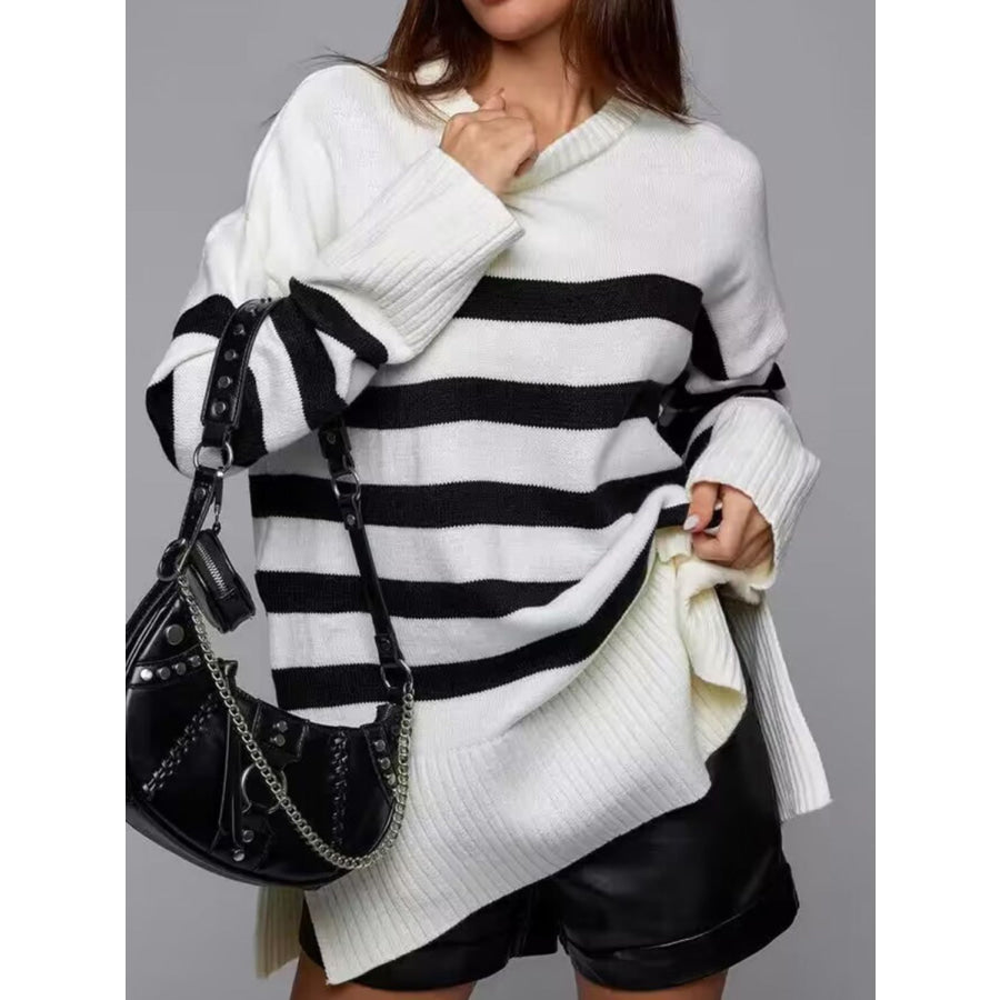 Slit Striped Round Neck Sweater Apparel and Accessories