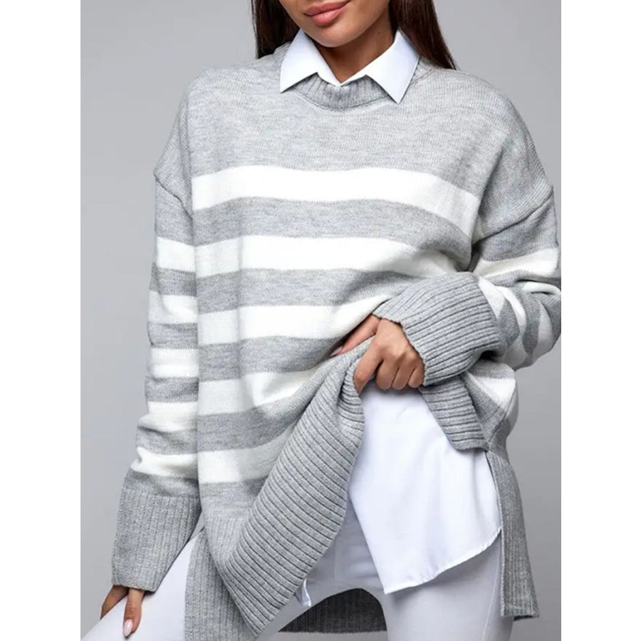 Slit Striped Round Neck Sweater Apparel and Accessories