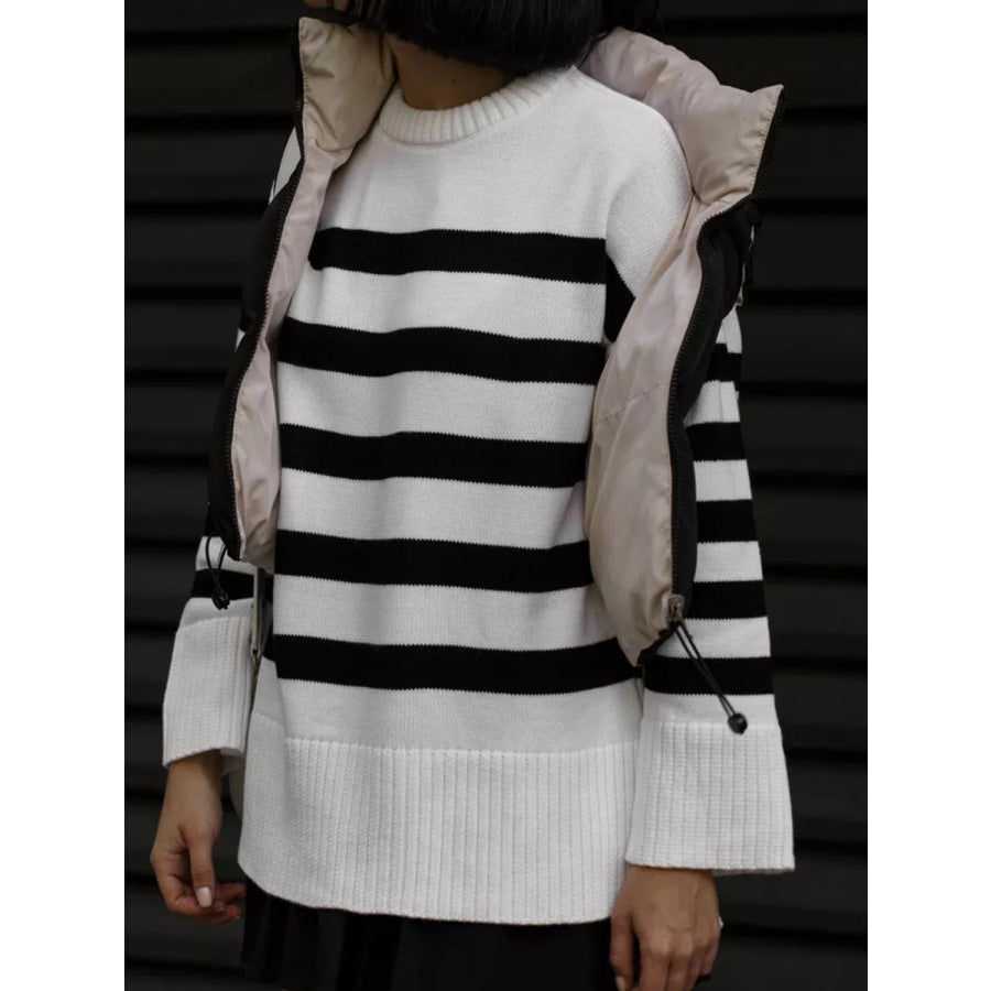 Slit Striped Round Neck Sweater Apparel and Accessories