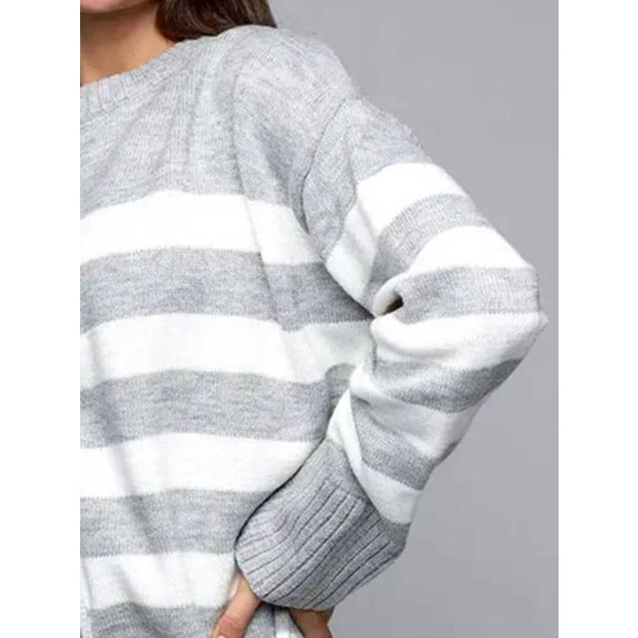 Slit Striped Round Neck Sweater Apparel and Accessories