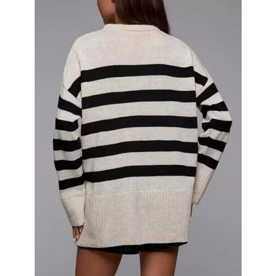 Slit Striped Round Neck Sweater Apparel and Accessories