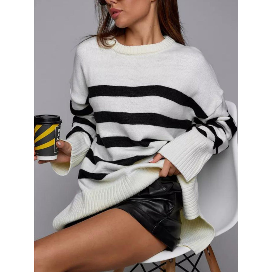 Slit Striped Round Neck Sweater Apparel and Accessories