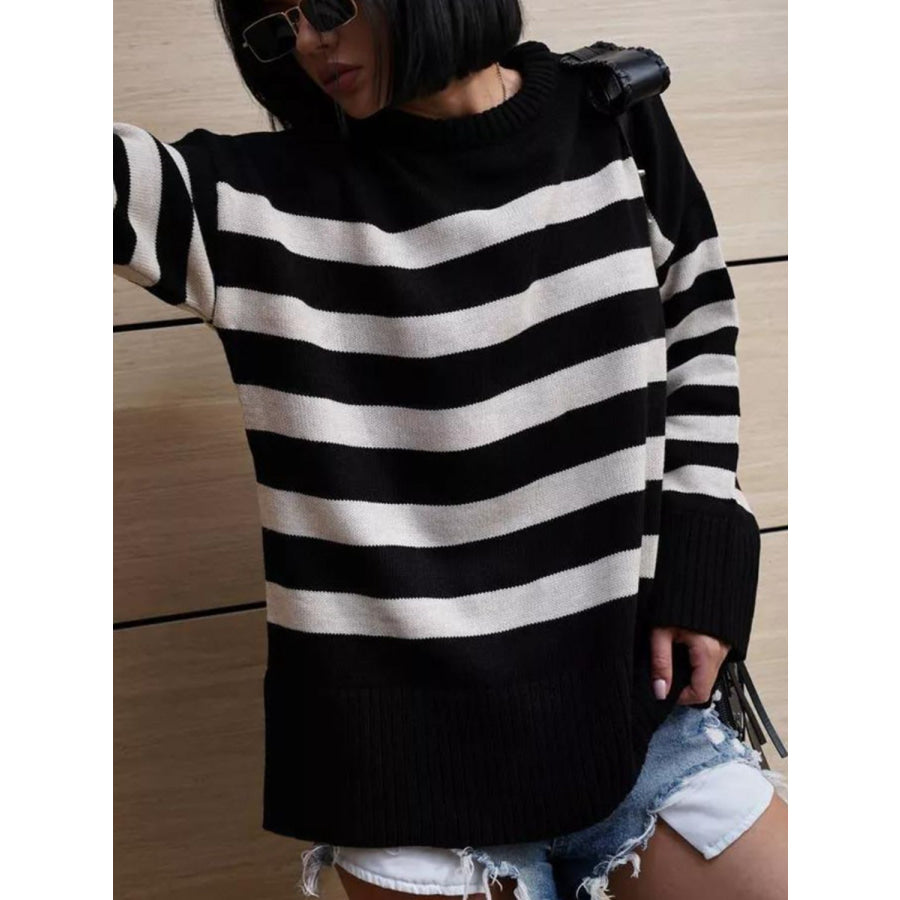 Slit Striped Round Neck Sweater Apparel and Accessories