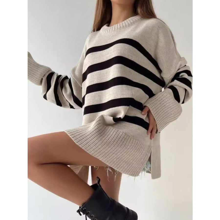 Slit Striped Round Neck Sweater Apparel and Accessories