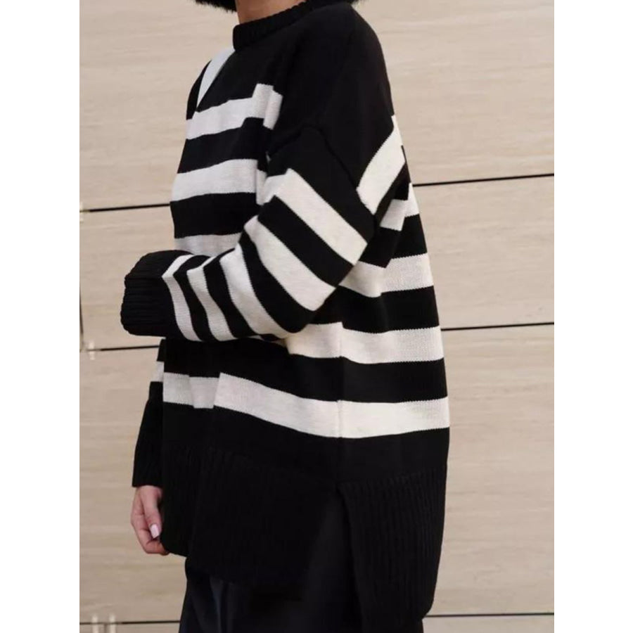 Slit Striped Round Neck Sweater Apparel and Accessories