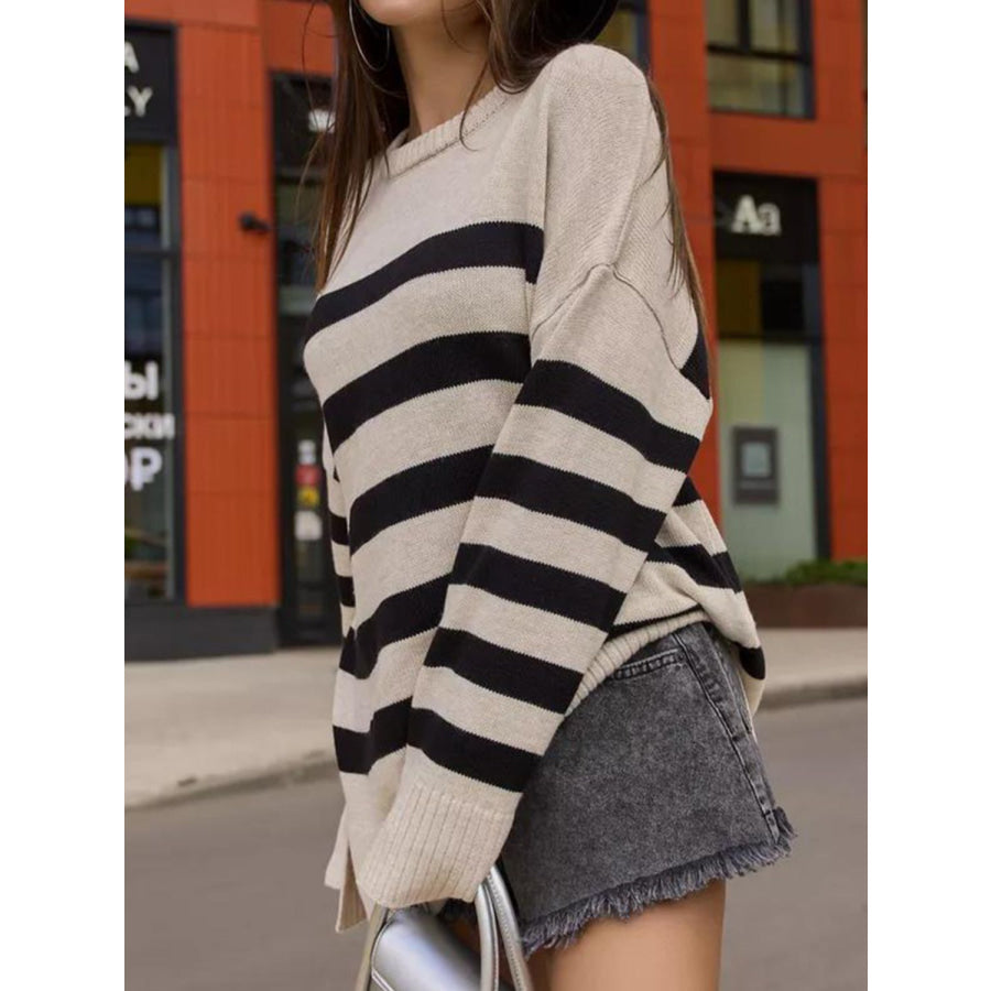 Slit Striped Round Neck Sweater Apparel and Accessories