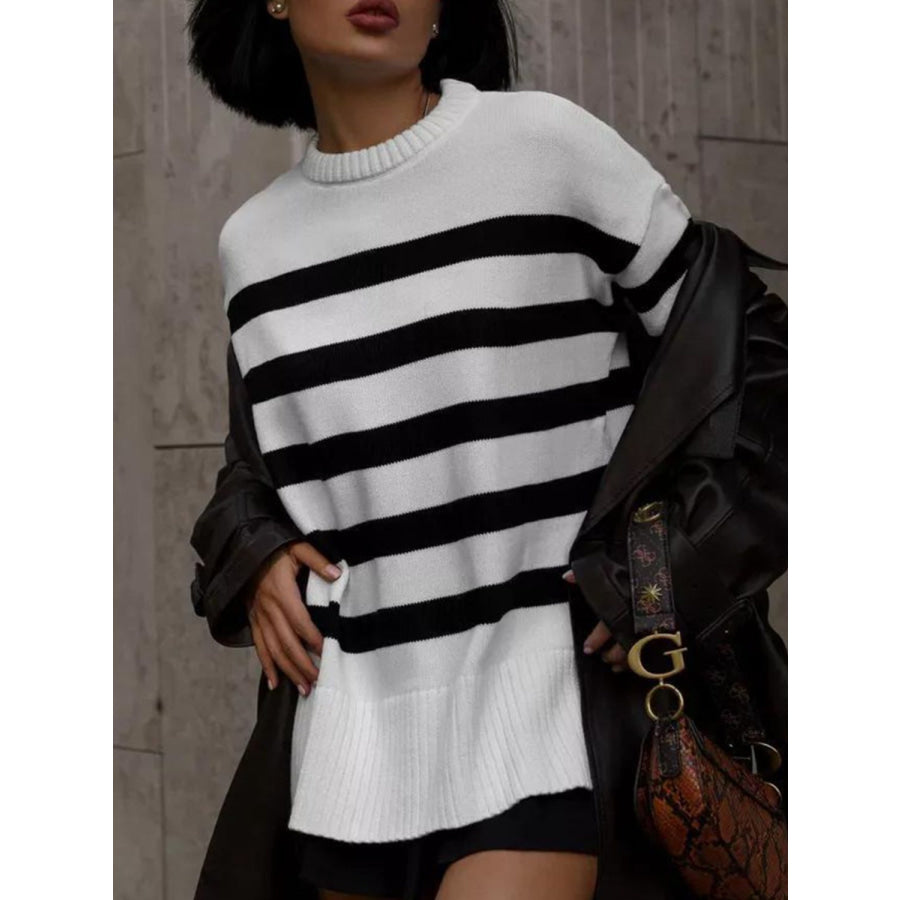 Slit Striped Round Neck Sweater Apparel and Accessories